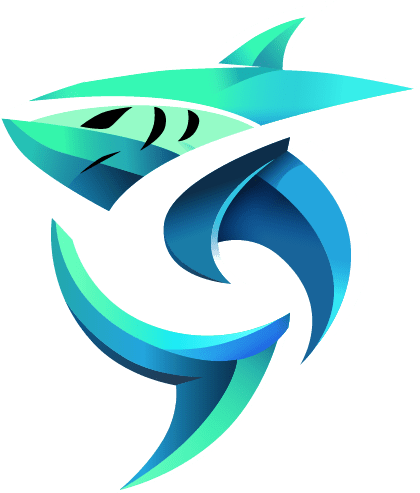 Stylized illustration of a blue and teal shark forming an abstract circular shape with smooth gradients and sharp angles.